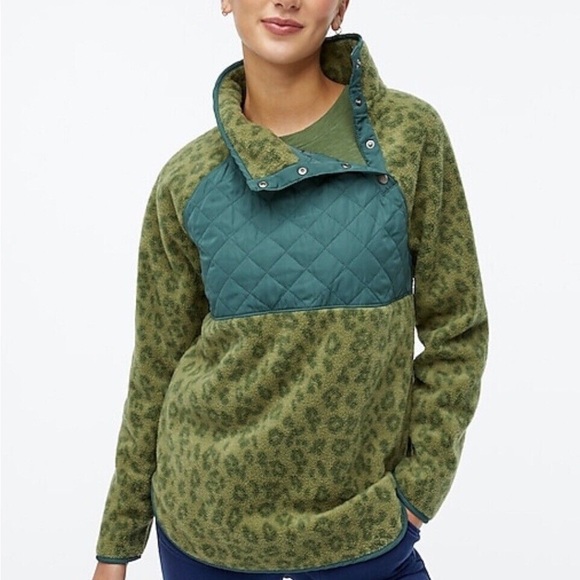 J Crew Quilted Button-Neck Sherpa Tunic Small Green Leopard Sz Small - Picture 1 of 9